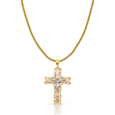 14K Gold Crucifix Charm Pendant with 1.4mm Round Wheat Chain Necklace