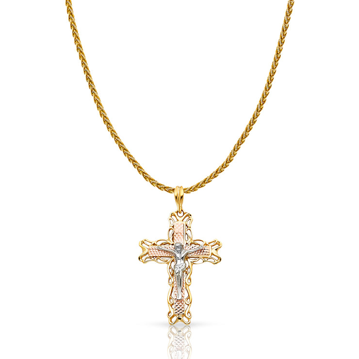 14K Gold Crucifix Charm Pendant with 1.4mm Round Wheat Chain Necklace