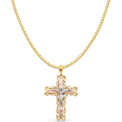 14K Gold Religious Crucifix Charm Pendant with 1.2mm Box Chain Necklace