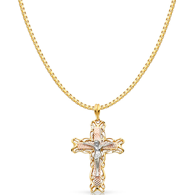 14K Gold Religious Crucifix Charm Pendant with 1.2mm Box Chain Necklace