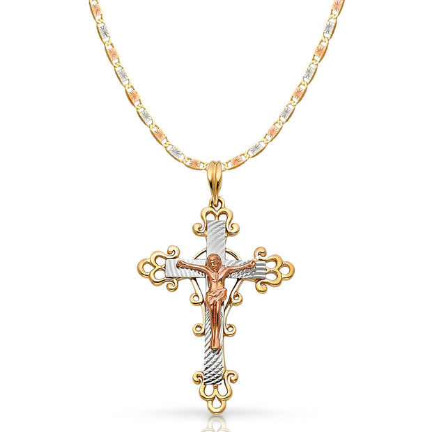 14K Gold Crucifix Pendant with 4.2mm Valentino Star Diamond Cut Chain