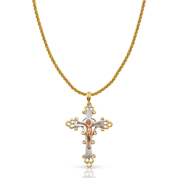 14K Gold Crucifix Charm Pendant with 1.4mm Round Wheat Chain Necklace