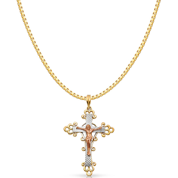 14K Gold Religious Crucifix Charm Pendant with 1.2mm Box Chain Necklace