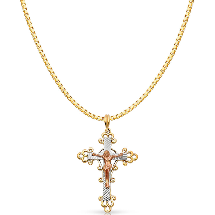 14K Gold Religious Crucifix Charm Pendant with 1.2mm Box Chain Necklace