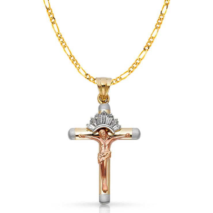 14K Gold CZ Crucifix Pendant with 3.1mm Figaro 3+1 Chain