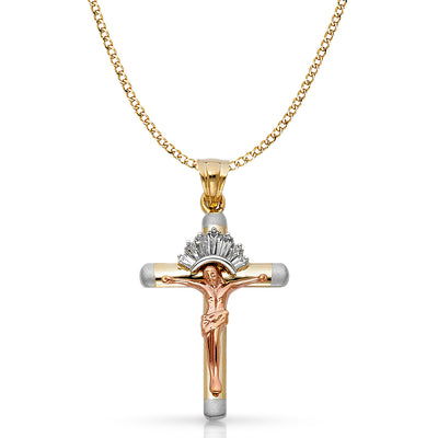 14K Gold CZ Crucifix Pendant with 3.4mm Hollow Cuban Chain