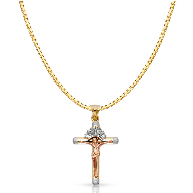 14K Gold CZ Religious Crucifix Charm Pendant with 1.2mm Box Chain Necklace