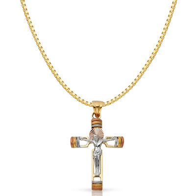 14K Gold Religious Crucifix Charm Pendant with 1.2mm Box Chain Necklace