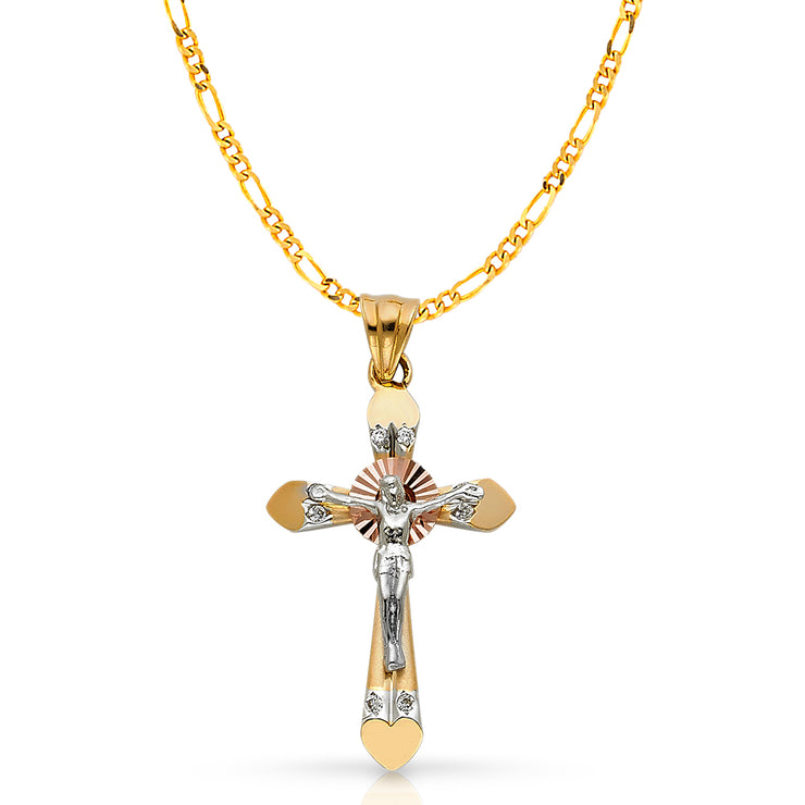 14K Gold CZ Crucifix Pendant with 3.1mm Figaro 3+1 Chain