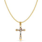 14K Gold CZ Religious Crucifix Charm Pendant with 1.2mm Box Chain Necklace