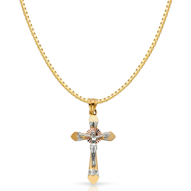 14K Gold CZ Religious Crucifix Charm Pendant with 1.2mm Box Chain Necklace