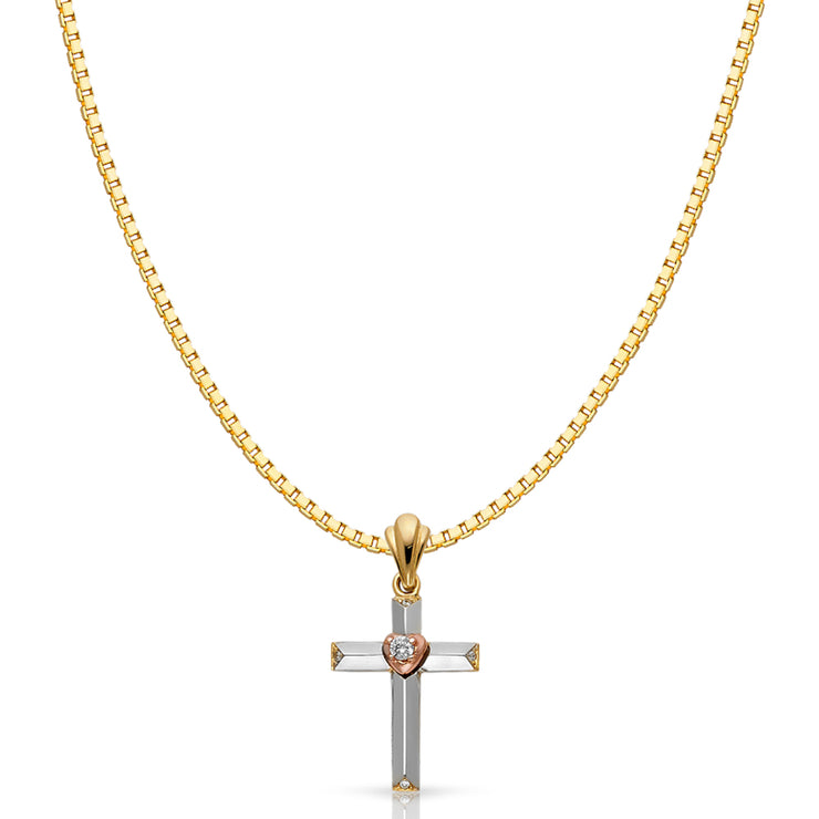 14K Gold Religious Cross Charm Pendant with 1.2mm Box Chain Necklace