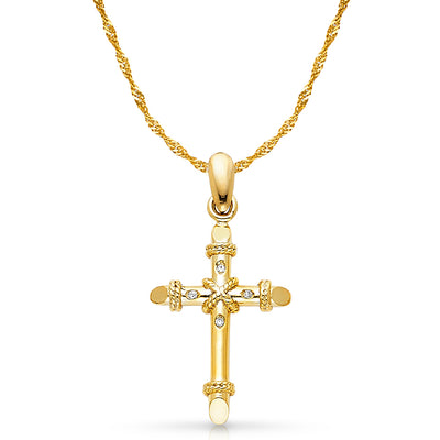 14K Gold Cross Charm Pendant with 1.2mm Singapore Chain Necklace