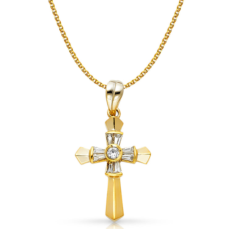 14K Gold CZ Cross Charm Pendant with 1.5mm Flat Open Wheat Chain Necklace