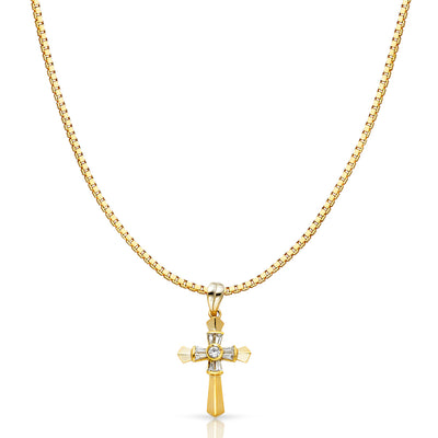 14K Gold CZ Religious Cross Charm Pendant with 1.2mm Box Chain Necklace