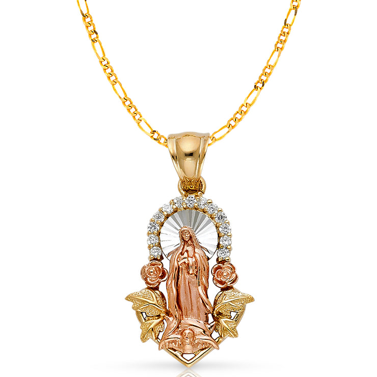 14K Gold CZ Guadalupe Pendant with 2.3mm Figaro 3+1 Chain