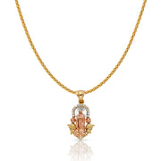 14K Gold CZ Guadalupe Charm Pendant with 1.1mm Wheat Chain Necklace