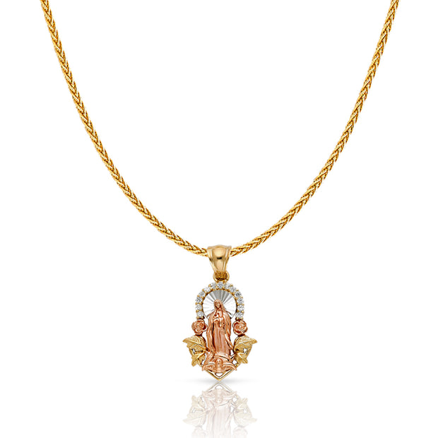 14K Gold CZ Guadalupe Charm Pendant with 1.1mm Wheat Chain Necklace