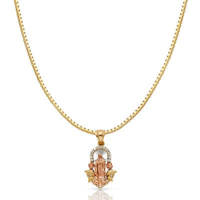 14K Gold CZ Religious Guadalupe Charm Pendant with 1.2mm Box Chain Necklace