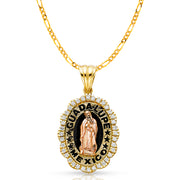 14K Gold CZ Guadalupe Pendant with 3.1mm Figaro 3+1 Chain
