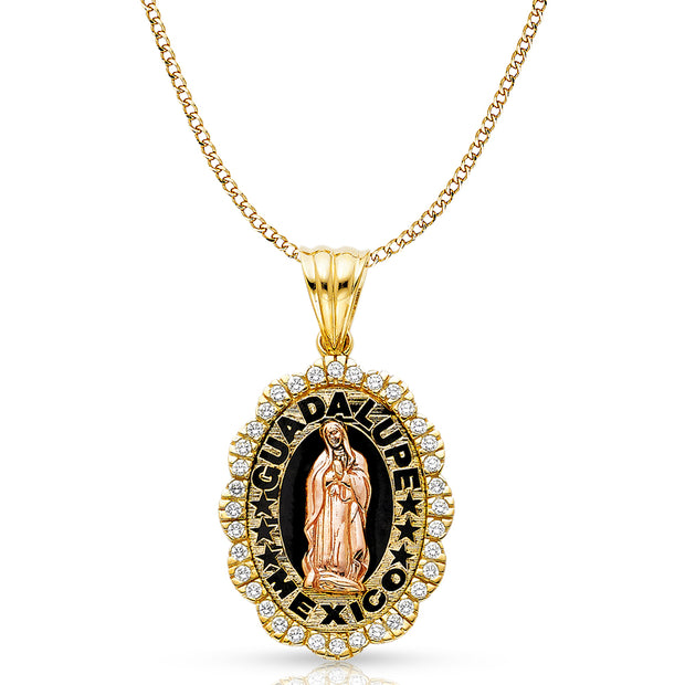 14K Gold CZ Guadalupe Pendant with 3.4mm Hollow Cuban Chain