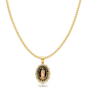 14K Gold CZ Religious Guadalupe Charm Pendant with 1.2mm Box Chain Necklace