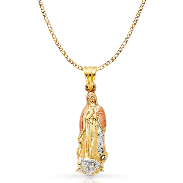 14K Gold CZ Guadalupe Pendant with 3.4mm Hollow Cuban Chain