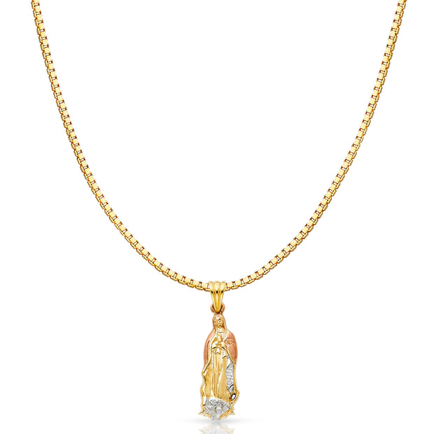 14K Gold CZ Religious Guadalupe Charm Pendant with 1.2mm Box Chain Necklace