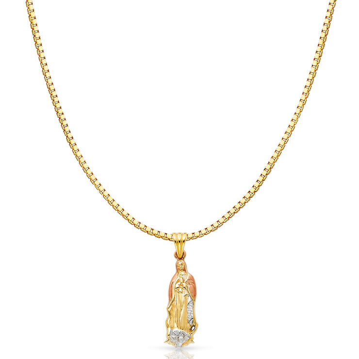 14K Gold CZ Religious Guadalupe Charm Pendant with 1.2mm Box Chain Necklace