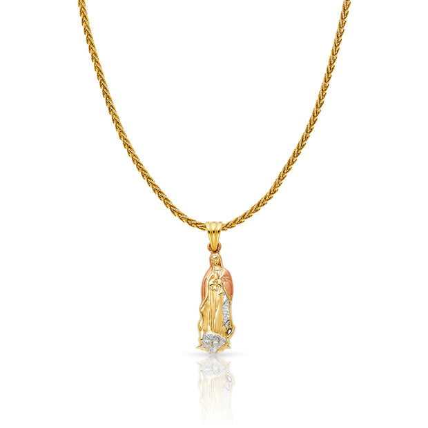 14K Gold CZ Guadalupe Charm Pendant with 1.4mm Round Wheat Chain Necklace