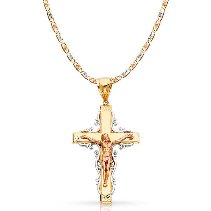 14K Gold Crucifix Pendant with 4.2mm Valentino Star Diamond Cut Chain