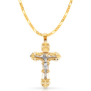 14K Gold Crucifix Charm Pendant with 3.8mm Figaro 3+1 Chain Necklace