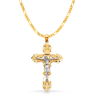 14K Gold Crucifix Charm Pendant with 3.8mm Figaro 3+1 Chain Necklace