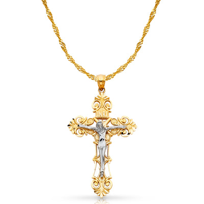 14K Gold Crucifix Charm Pendant with 1.8mm Singapore Chain Necklace