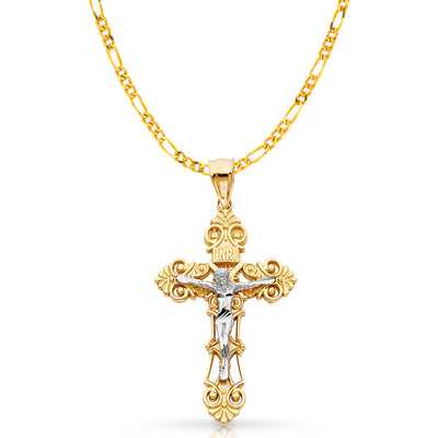 14K Gold Crucifix Charm Pendant with 3.1mm Figaro 3+1 Chain Necklace