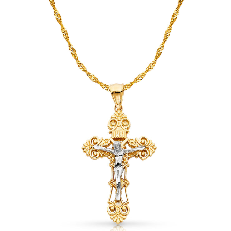 14K Gold Crucifix Charm Pendant with 1.8mm Singapore Chain Necklace