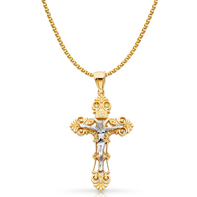 14K Gold Crucifix Charm Pendant with 2mm Flat Open Wheat Chain Necklace