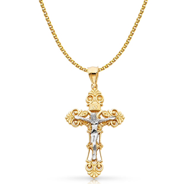 14K Gold Crucifix Charm Pendant with 2mm Flat Open Wheat Chain Necklace