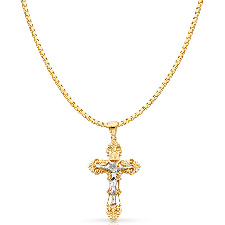 14K Gold Religious Crucifix Charm Pendant with 1.2mm Box Chain Necklace