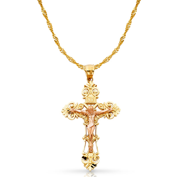 14K Gold Crucifix Charm Pendant with 1.8mm Singapore Chain Necklace
