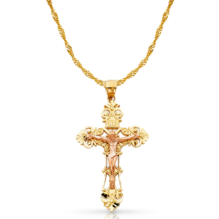 14K Gold Crucifix Charm Pendant with 1.8mm Singapore Chain Necklace