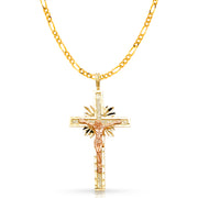 14K Gold Crucifix Charm Pendant with 3.1mm Figaro 3+1 Chain Necklace