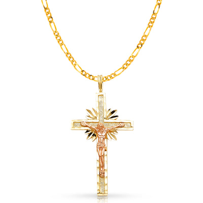 14K Gold Crucifix Charm Pendant with 3.1mm Figaro 3+1 Chain Necklace