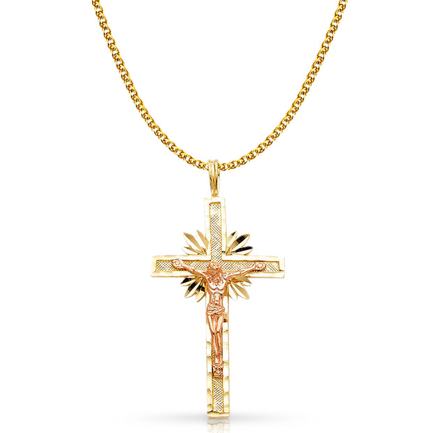 14K Gold Crucifix Charm Pendant with 1.7mm Flat Open Wheat Chain Necklace