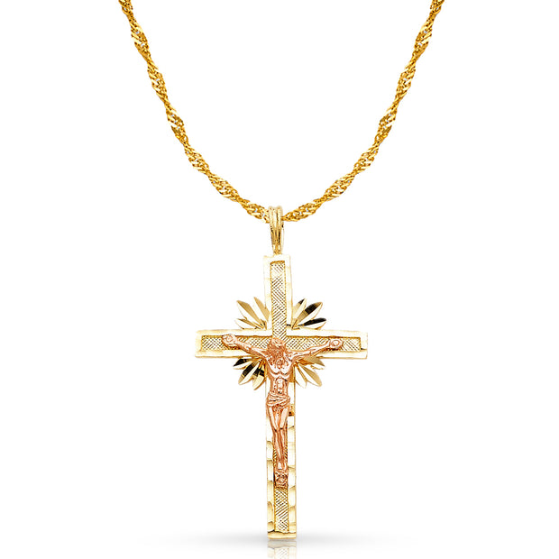 14K Gold Crucifix Charm Pendant with 1.8mm Singapore Chain Necklace