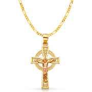 14K Gold Crucifix Charm Pendant with 3.1mm Figaro 3+1 Chain Necklace