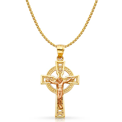 14K Gold Crucifix Charm Pendant with 1.7mm Flat Open Wheat Chain Necklace