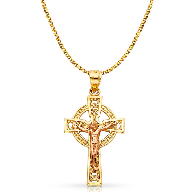 14K Gold Crucifix Charm Pendant with 1.7mm Flat Open Wheat Chain Necklace