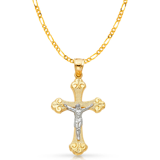 14K Gold Crucifix Charm Pendant with 3.1mm Figaro 3+1 Chain Necklace