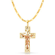 14K Gold Crucifix Charm Pendant with 2.3mm Figaro 3+1 Chain Necklace